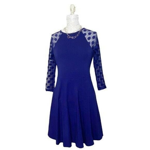 Express Dresses & Skirts - Express Navy Blue Knit Dress Sheer Polka Dot Size SP Women Stretch Exposed Zip